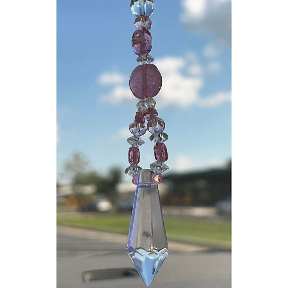 Beaded Suncatcher Rearview Mirror Ornament Pink Clear Crystal Prism Car Charm - Picture 4 of 9